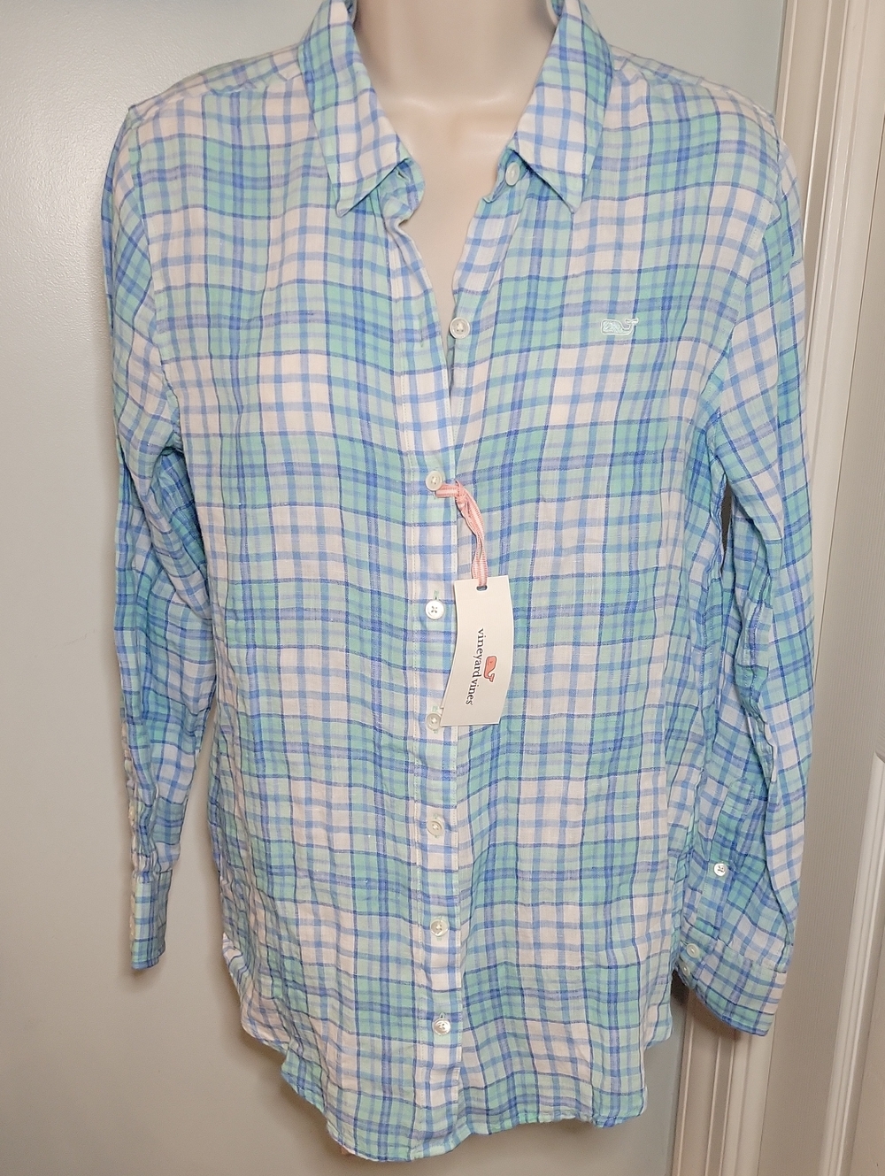 Vineyard Vines Angelers Plaid Relaxed Blue & Green Linen Button Shirt NWT Sz 4